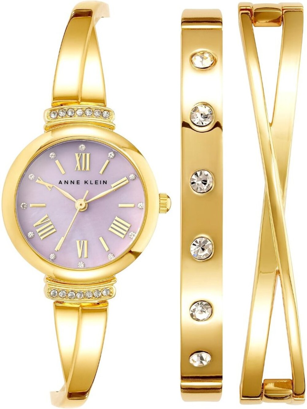 Women's Gold Lavender Analog Quartz Premium Crystal Accented Bangle Set Watch